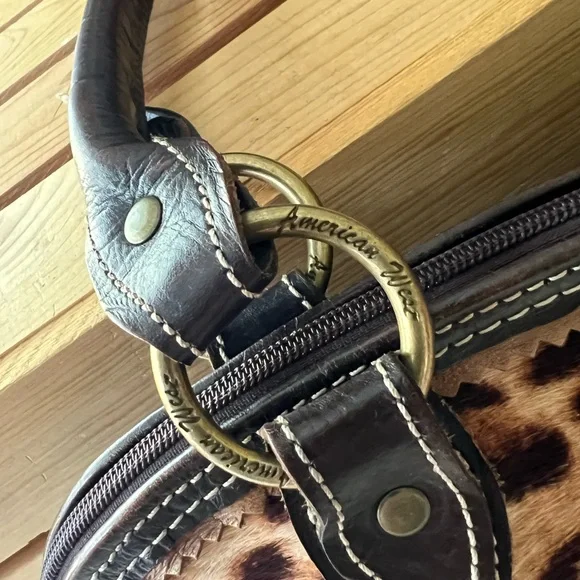 American West Vintage Leather Handbag Tooled Leather/ Animal Print Hair On/Studs - Picture 13 of 15
